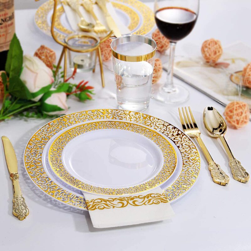 White Gold-Edged Round Hard Plastic Ps Western-Style Plate with Gold-Edged Rim Dinner Plate Square Gold-Edged Bowl Rose Gold