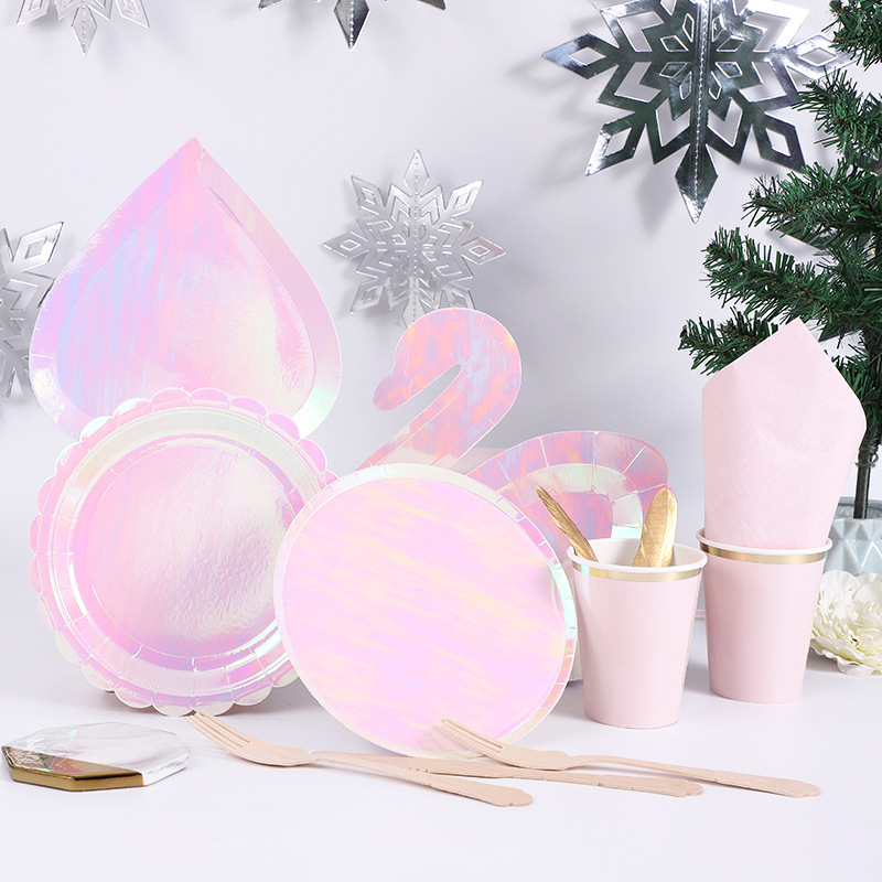 Pink Party Plate Disposable Birthday Party Plates Paper Cups Laser Pink Dinner Plates Heart-Shaped Paper Plates Dishes