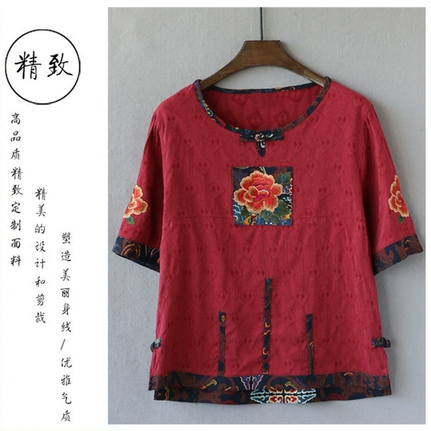 Bà mẹ trung niên và bà già mùa hè Áo thun ngắn tay nữ rộng cỡ lớn kiểu quốc gia nữ thêu hoa cổ điển - Quần áo của mẹ