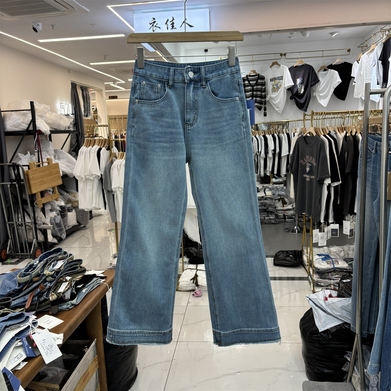European Goods 7287 Genuine Four-Way Stretch High-Waisted Slimming Jeans with Frayed Hem and Slightly Flared Legs for Women, New Spring 2026 Model