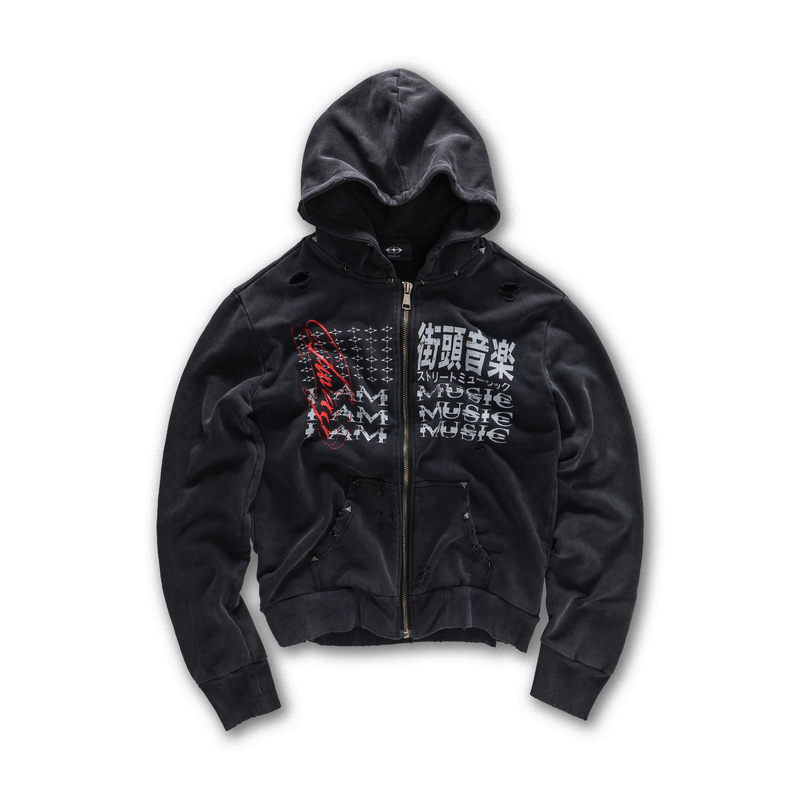 Elyslum 【Street Music】 Black Distressed Washed Destroyed Rivet Print Zipper Hoodie Jacket