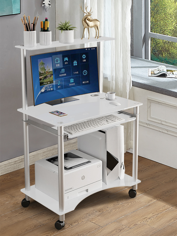 Classic Black and White Gray Movable Desktop Computer Desk with Double-Layer Tempered Glass for Bedroom Home Use Student Desk with Wheels