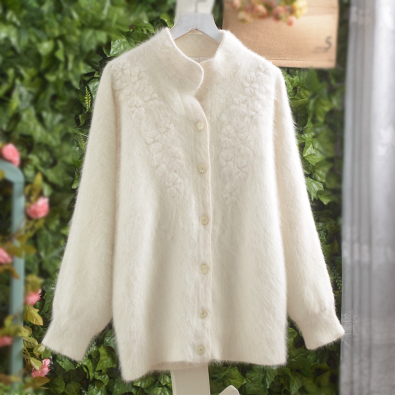 Japanese-Style Angora Long Rabbit Fur Mink Velvet Beige 3D Floral Batwing Sleeve Cardigan Sweater for Women