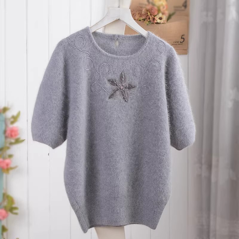 Japanese-Style Vintage Angora Rabbit Fur Deep Gray Beaded Loose Oversized Pullover Short-Sleeve Sweater for Women