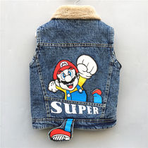 Children plus velvet denim vest boys foreign jacket autumn and winter thin baby girl dress vest outside wearing cartoon