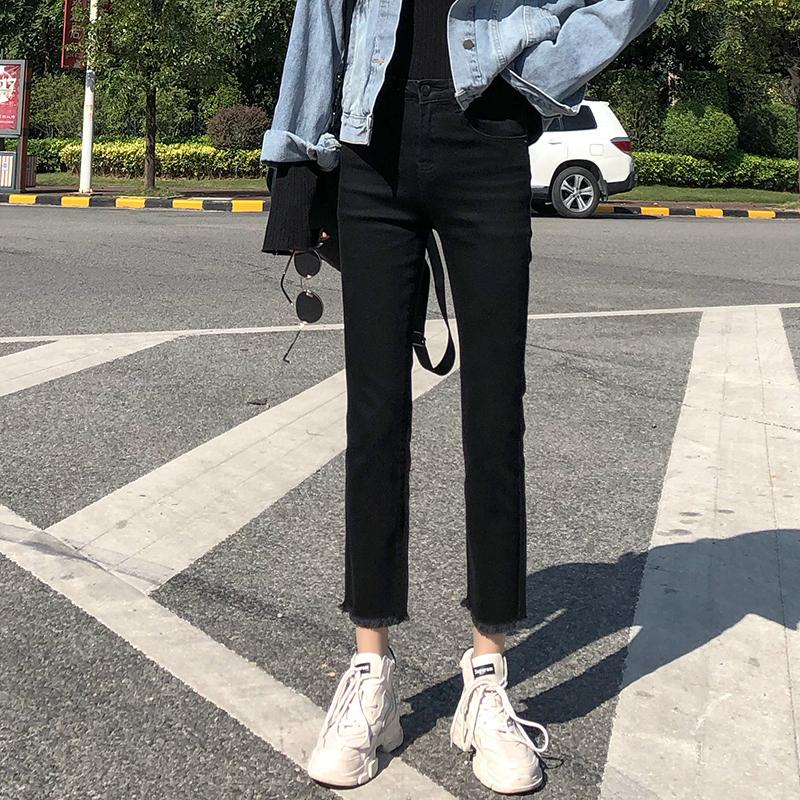 Black straight jeans women's 2022 spring and summer new high-waisted slim wide-leg loose elastic nine-point cec pants