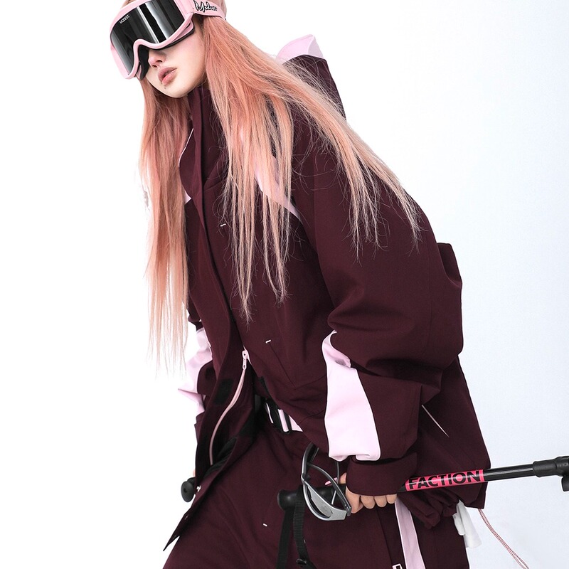 Qleo Plum Sauce New Ski Suit Set for Women with Fleece 3L Hooded Jacket Waterproof and Wear-Resistant Ski Pants for Men