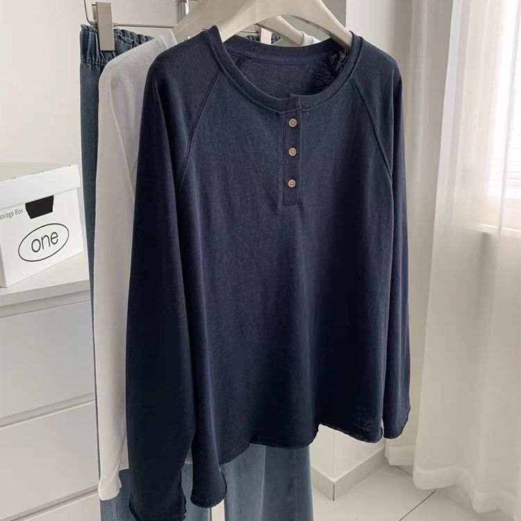 Pure Cotton Plus-Size Button-Down Long-Sleeve T-Shirt for Women, Korean Style, New Autumn Model, Loose Fit, Slimming, Tummy-Covering Base Shirt Top Pure Cotton Plus-Size Button-Down Long-Sleeve T-Shirt for Women, Korean Style, New Autumn Model, Loose Fit, Slimming, Tummy-Covering Base Shirt Top