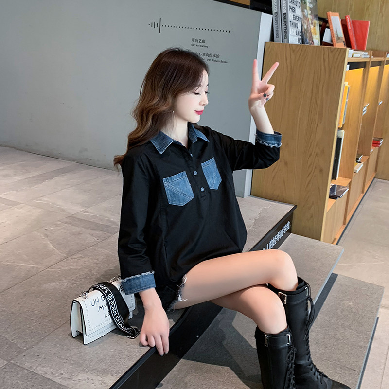 Denim stitching shirt women's design sense niche retro Hong Kong flavor autumn 2022 new long-sleeved loose light cooked top