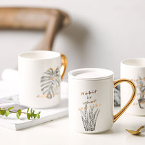Hand painted Gold Mark cup Coffee cup with cover minimalist Plant Illustrations Office Mug Ceramic Classic Gift