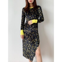 (Rugosa M) black long sleeve vintage print slim dress striped irregular slit dress women