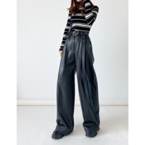 (Rugosa M) black patent leather leather pants women loose wide leg trousers women with belt