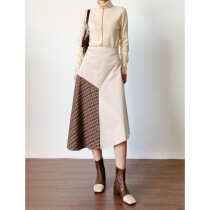 (Rugosa M) skirt womens high waist slim plaid stitching PU retro irregular skirt Autumn New