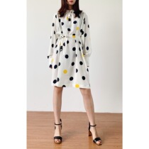 (Rugosa M) white long sleeve polka dot shirt skirt lace-up waist slim dress pure Joker woman