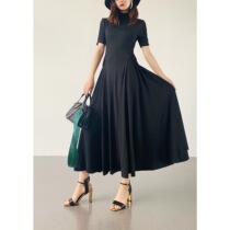 (Rugosa M) black short sleeve half high collar dress female slim waist temperament long dress