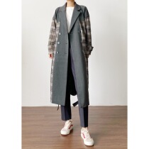 (Rugosa M) windbreaker women loose slim lace tie waist Plaid stitching long coat autumn and winter New