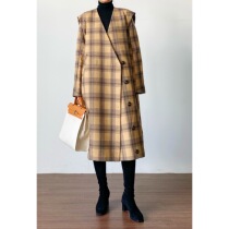 (Rugosa M) Curry plaid woolen coat woolen coat long waist lace up slim woman