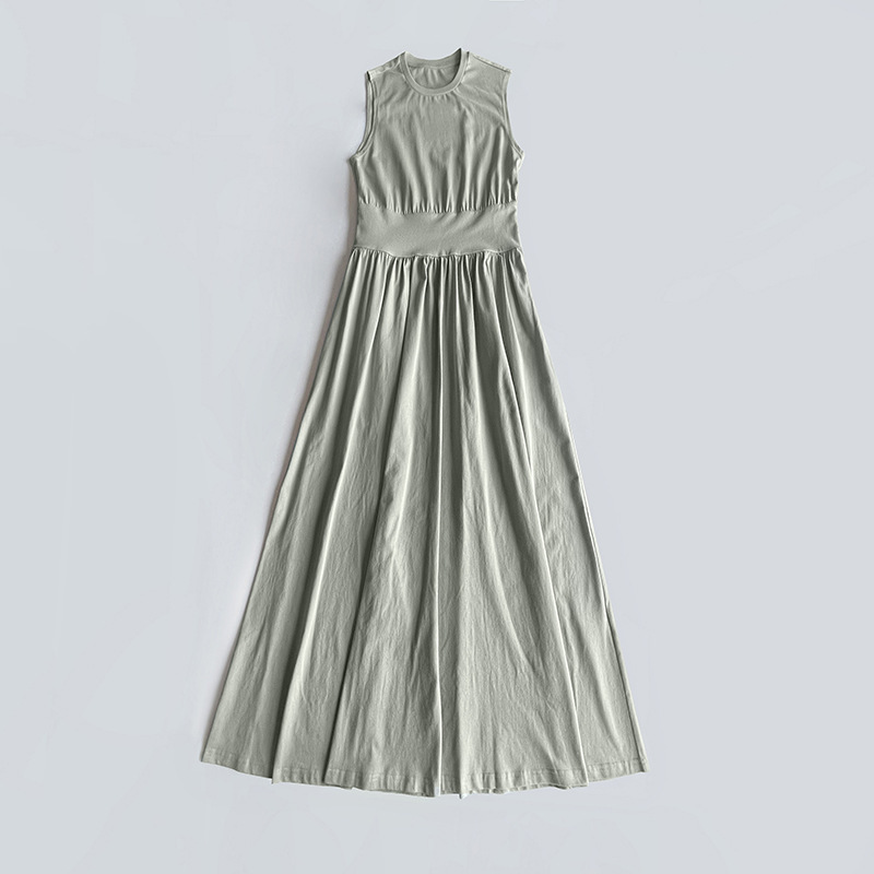 Sage Green Organic Cotton Soft Vest Dress New Summer Pleated Pocket Waist-Cinching Flared Long Skirt