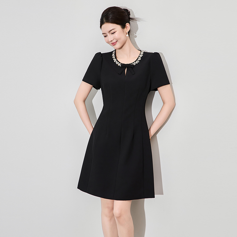 Women's Clothing 2026 New Style Dress Women's Summer High-End Exquisite Neckline Bow Tie Rhinestone Black Dress Formal Dress