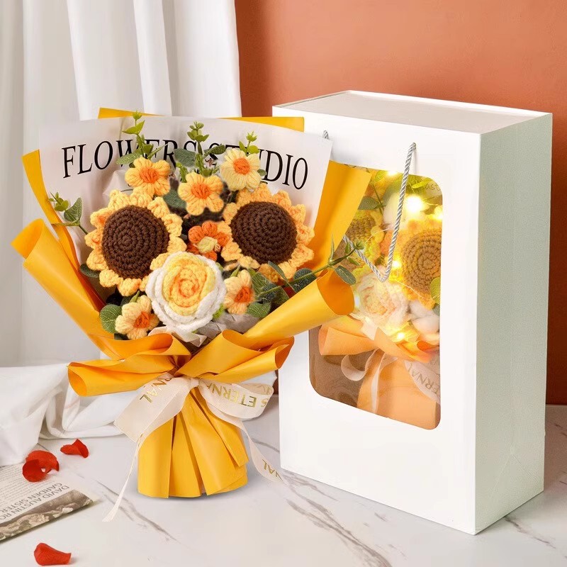 Woolen Sunflower Knitted Finished Product Bouquet, Hand-Knitted Artificial Teacher's Day High School Graduation Eternal Rose