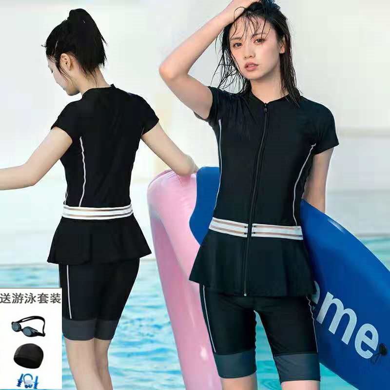 Fat mm200 kg conservative swimsuit women's short-sleeved split five-point pants hot spring large size skirt thin sports swimsuit