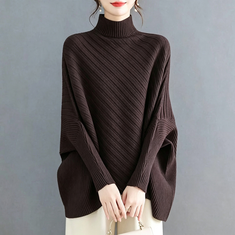 Plus-Size Lazy Style Turtleneck Batwing Sleeve Knit Sweater for Women, Loose Outerwear, Stylish Top That Makes You Look Slimmer and Covers the Belly