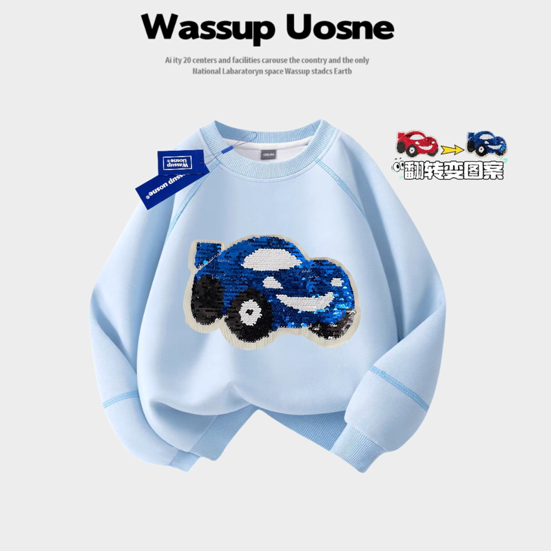 Wassup Co-Branded Bumblebee Mcqueen Autumn and Winter Stylish and Cute Boys' Sweatshirt, Round Neck Pullover, Trendy Sequin Style Wassup Co-Branded Bumblebee Mcqueen Autumn and Winter Stylish and Cute Boys' Sweatshirt, Round Neck Pullover, Trendy Sequin Style