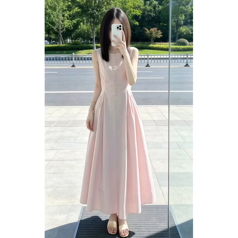 French-Style Pink Sleeveless Vest Dress for Women, Summer 2026 New Model, Very Pretty, Flattering Waist, Elegant Long Dress
