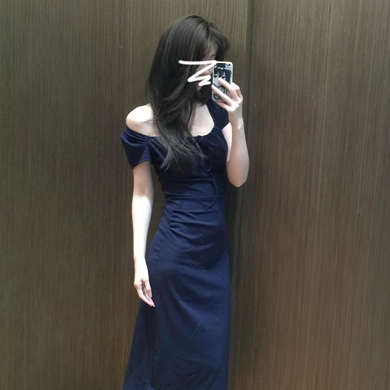 2026 New Style French Elegant High-End Square-Neck Blue Dress for Women, Stunning Summer Waist-Cinching Bodycon Long Dress