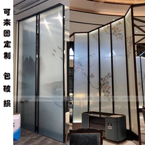 Customized wired glass screen entrance partition dry and wet separation hotel background ink landscape flowers and birds clip-painted glass