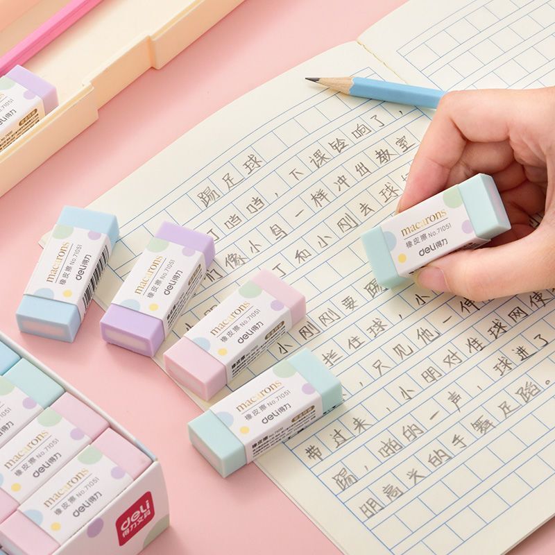 Deli Eraser for Elementary School Students, Macaron Pencil Eraser 71051, Fresh and Colorful Eraser with Less Debris and No Marks