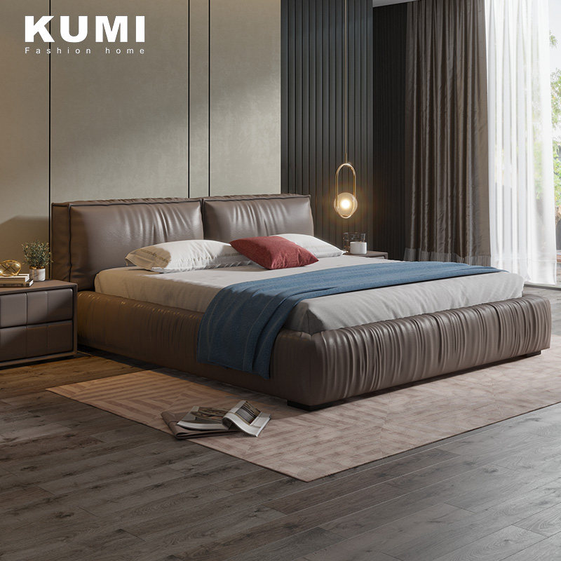 kumi Kumi minimalist Italian leather bed master bedroom modern minimalist leather bed double bed Nordic wedding bed first layer cowhide