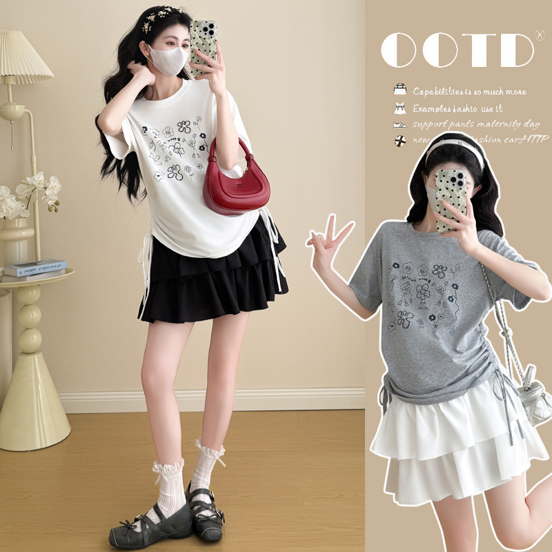 Maternity Wear Summer Set New Style Pure Cotton Drawstring Printed T-Shirt Top Without Belly Support Cake Short Skirt Two-Piece Set Summer