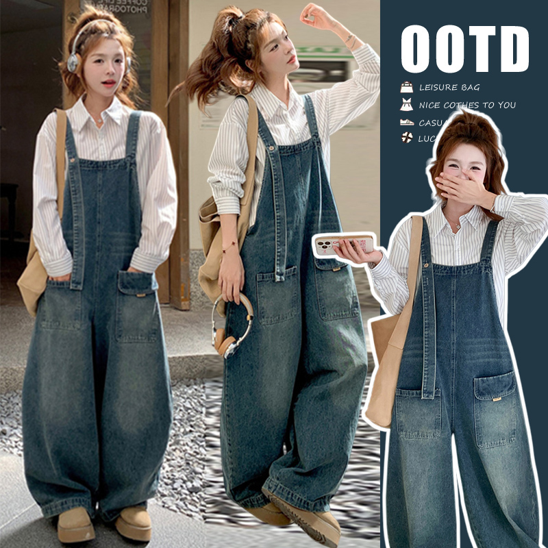 Maternity Spring Outfit Set 2026 New Style High-End Simple Denim Overalls Striped Shirt Two-Piece Set Spring and Summer Style