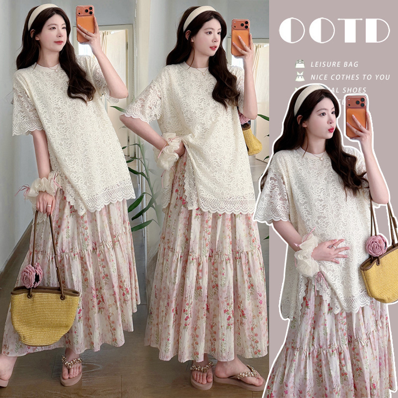 Maternity Summer Outfit 2026 New Trendy Mom Pregnancy Wear French Design Lace Top Floral Skirt