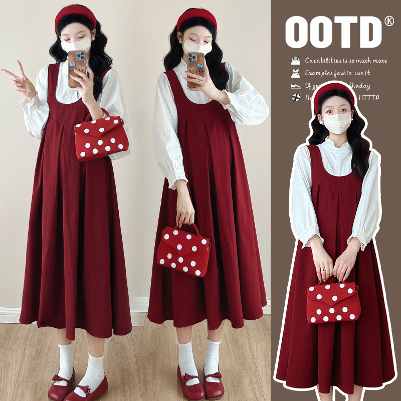 Maternity Red Dress 2025 New Style Elegant Belly-Covering Tank Dress Loose Shirt Top Two-Piece Set Spring and Autumn Style