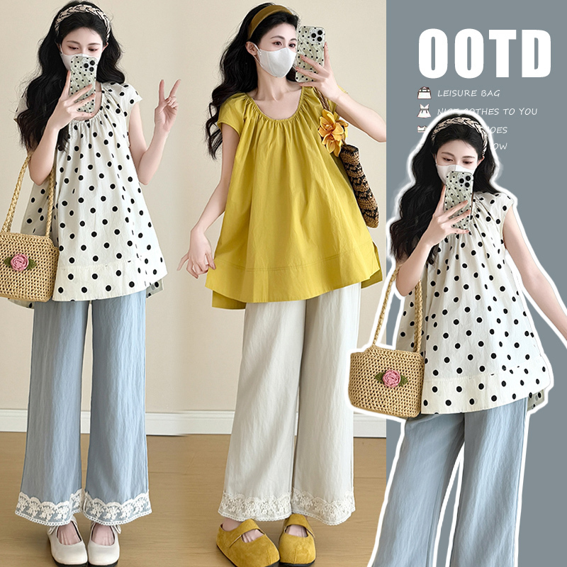 Maternity Suit Summer 2026 New Style French Style Pregnancy Outfit to Cover the Belly, Top and Wide-Leg Pants Two-Piece Set, Thin Style