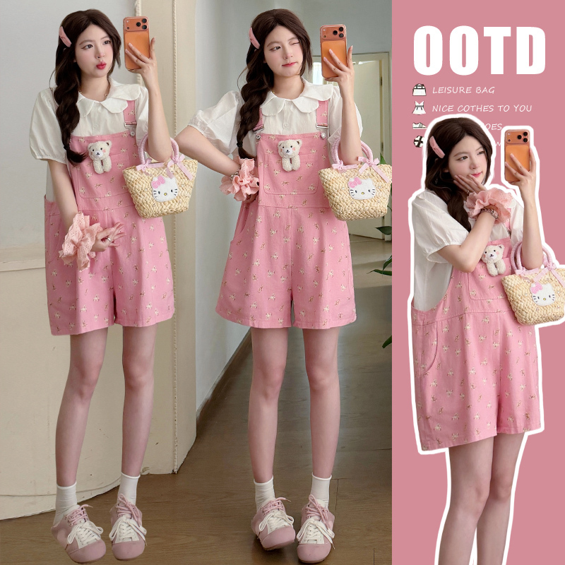 Maternity Set Summer 2026 New Sweet Floral Bear Print Suspender Shorts Petal Doll Collar Top Two-Piece Set