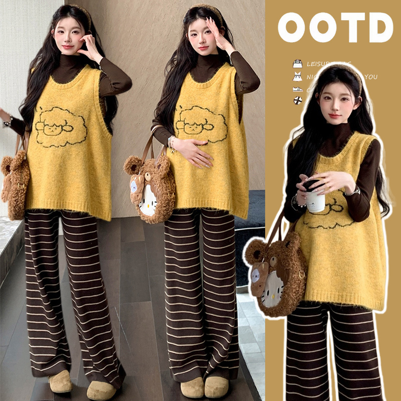 Maternity Wear 2026 New Autumn and Winter Set: Knitted Base Shirt, Cute Vest, Striped Wide-Leg Pants Three-Piece Set Maternity Wear 2026 New Autumn and Winter Set: Knitted Base Shirt, Cute Vest, Striped Wide-Leg Pants Three-Piece Set