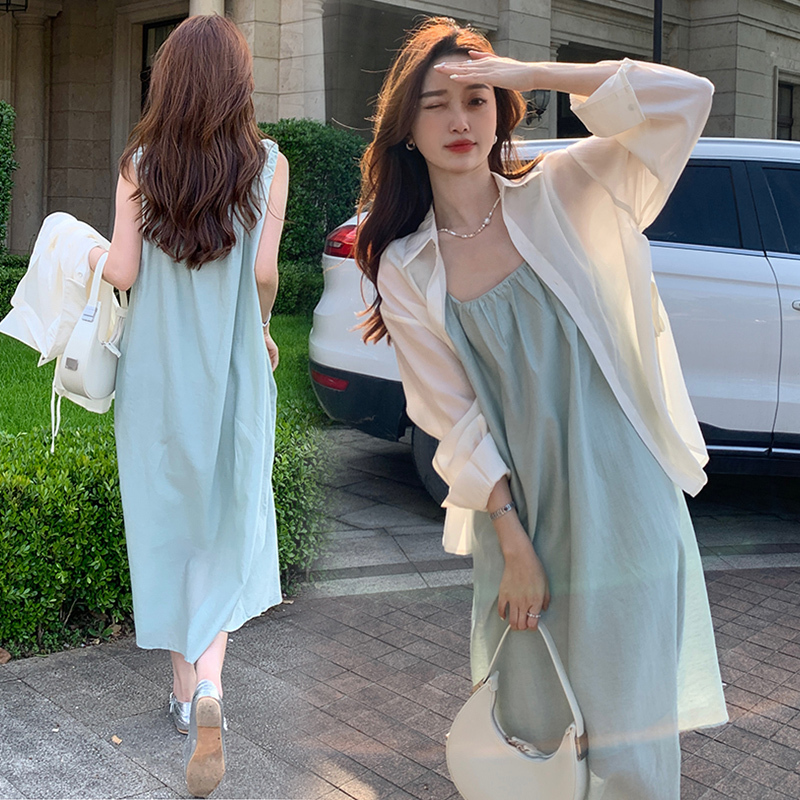 Maternity Dress, Summer Dress, Vacation Photo Shoot, Sun Protection Shirt, Green Suspender Skirt, Summer Two-Piece Set, Maternity Wear, Summer Style