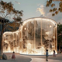 Original customized new Chinese style retro landscape painting clip Juan silk partition screen background half wall art glass