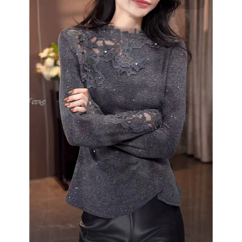 High-End Gray Heavy-Duty Rhinestone Lace Patchwork Long-Sleeve T-Shirt for Women, Autumn and Winter Inner Wear, Elegant Waist-Cinching Slimming Top