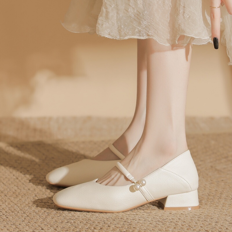 Super Soft~ French-Style White Mary Jane Shoes, Flat Square Toe Shallow Mouth Shoes, Suitable for Cheongsam Dresses, Women's Shoes, Soft-Soled Leather Shoes