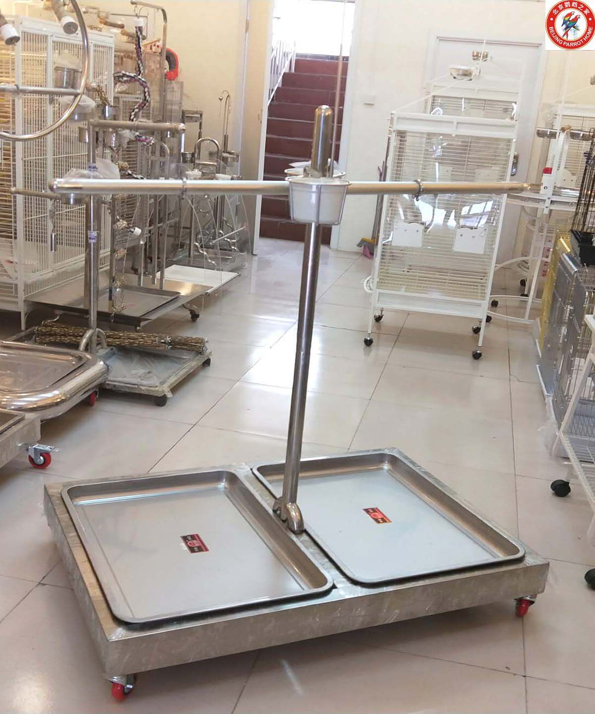 304 stainless steel parallel bar parrot stand double parrot rack double tray large double rod bird rack anti-grabbing ceramic food bowl