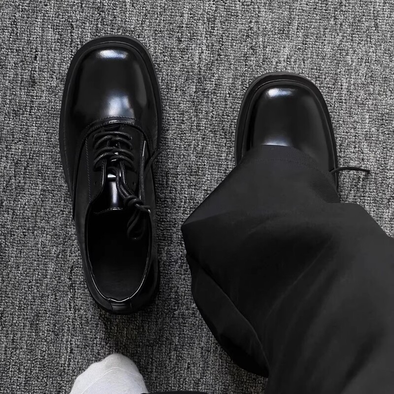 Derby Shoes for Men, British Casual Style, 7cm Thick Sole Height-Increasing Shoes, Patent Leather Glossy Black Business Commuting Square Toe Shoes Derby Shoes for Men, British Casual Style, 7cm Thick Sole Height-Increasing Shoes, Patent Leather Glossy Black Business Commuting Square Toe Shoes