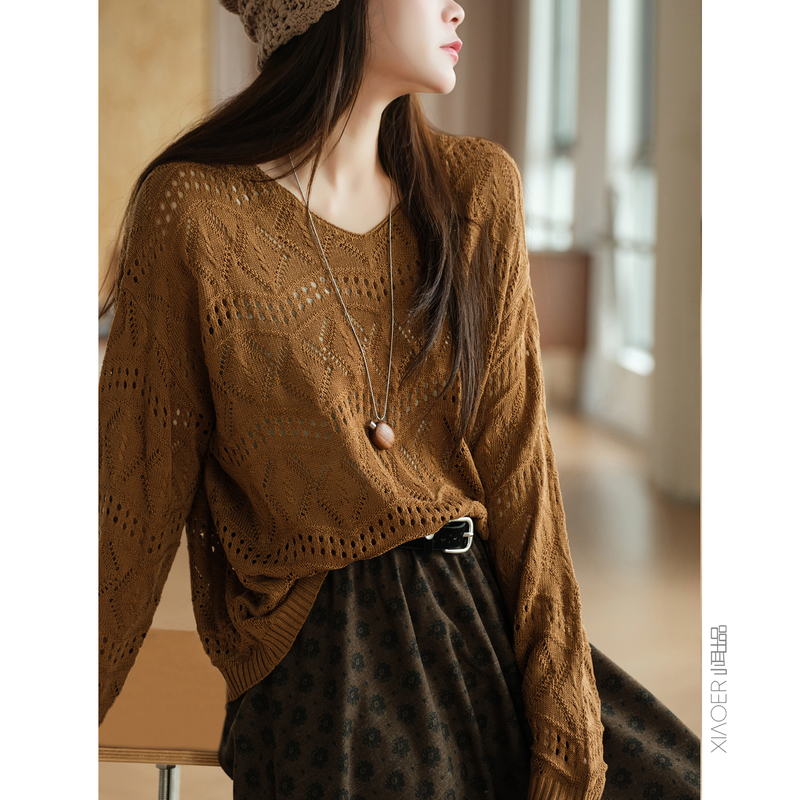 Produced by Xiaoer, Exquisite Craftsmanship~ Lyocell+Linen/Hollow Crochet Texture V-Neck Pullover Knitted Sweater for Women Produced by Xiaoer, Exquisite Craftsmanship~ Lyocell+Linen/Hollow Crochet Texture V-Neck Pullover Knitted Sweater for Women