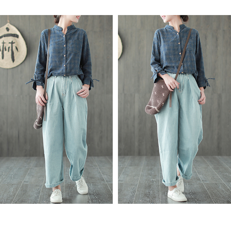 Sản phẩm tai nhỏ 2018 mùa thu mới cotton và vải lanh nhỏ kẻ sọc sơ mi retro áo sơ mi nữ văn học dài tay áo sơ mi đen