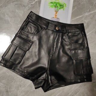 Yishangyi 2025 New Genuine Leather Work Shorts for Women, Sheepskin High-Waisted Slimming Versatile A-Line Pencil Skirt