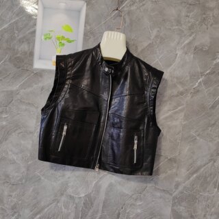 2025 Autumn New Genuine Leather Vest for Women, Cowhide Sleeveless Short Leather Jacket with Stand Collar, Oil Wax Leather Slimming Coat