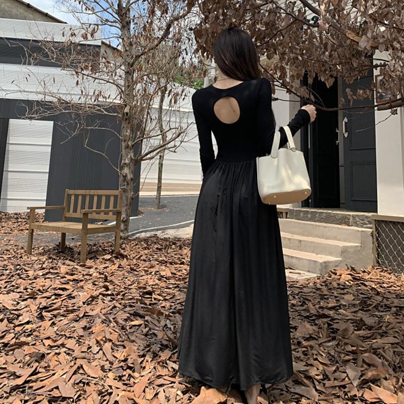 Black Skirt, New Autumn Style, Waist-Cinching, Slimming, Elegant, Sexy, Hollow-Out, Backless, Long-Sleeved Bottoming Dress